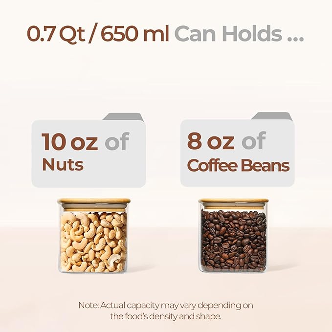 ComSaf 0.7 Qt Glass Food Storage Jars Set of 4, Clear Glass Storage Containers with Lids, Pantry Organization Jar, Spice Jar, Blooming Tea, Coffee and Sugar Container, Small Canister Set for Kitchen