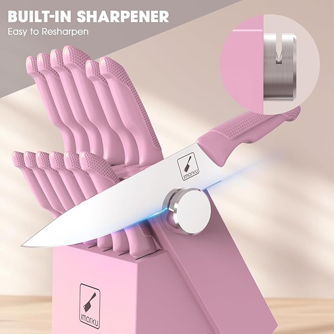 imarku Knife Set with Block, Sharp Knife Set with Built-in Sharpener, Japanese Stainless Steel Kitchen Knife Set with Non-Slip Ergonomic Handle, Dishwasher Safe, Best Holiday Gifts, 14 PCS, Pink
