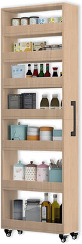 7-Tier Slim Storage Cart, Wooden Rolling Pantry Cabinet with Wheels, Narrow Shelf Organizer for Kitchen, Bakers Rack, Dining Room, Closet, Small Spaces Light Walnut 47.2" H*5.9" W*23.6" D