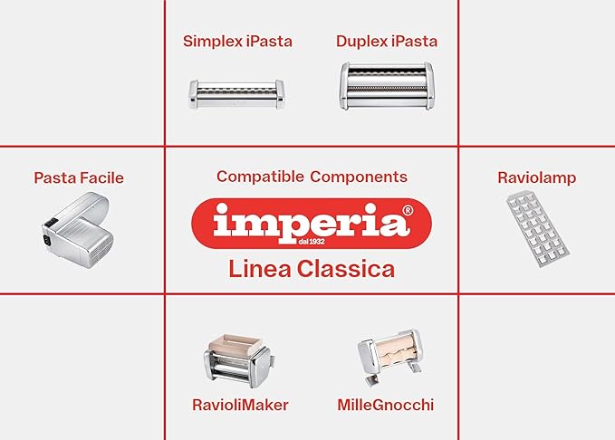 Imperia Pasta Maker Deluxe Gift Set w Accessories- Includes Pasta Machine, Ravioli Mold Press, Wooden Rolling Pin plus 2 Cutter Attachments for Adjustable Thicknesses- Made in Italy Steel Construction