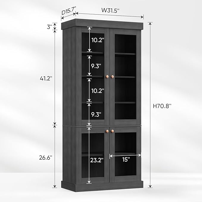 70.8" Tall Black Bookshelf with Glass Doors, Farmhouse Modular Bookcase with 6-Tier Adjustable Shelves, Large Storage Cabinet for Home Office, Living Room, Set of 2