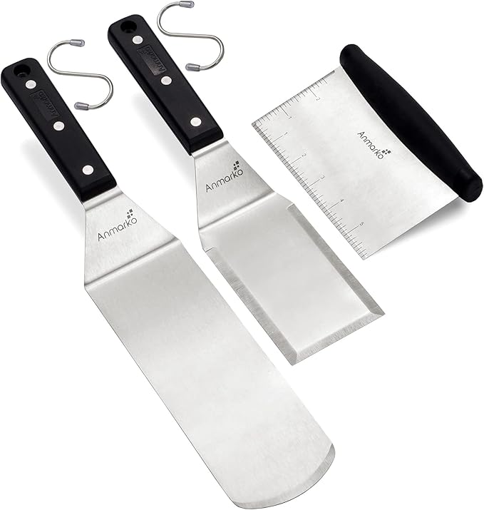 Anmarko Metal Spatula Stainless Steel Scraper - Professional Chef Griddle Spatulas Set of 3 - Heavy Duty Accessories Great for Cast Iron BBQ Flat Top Grill Skillet Pan - Commercial Grade
