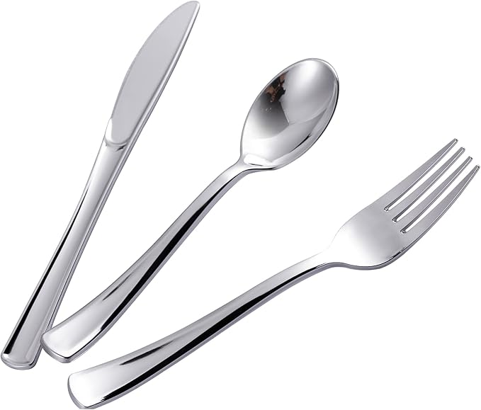 N9R 500PCS Silver Plastic Cutlery Set - 200 Forks, 150 Knives, 150 Spoons - Disposable, Premium, Sturdy - Silver, Plastic - Perfect for Gathering, Weddings, Parties