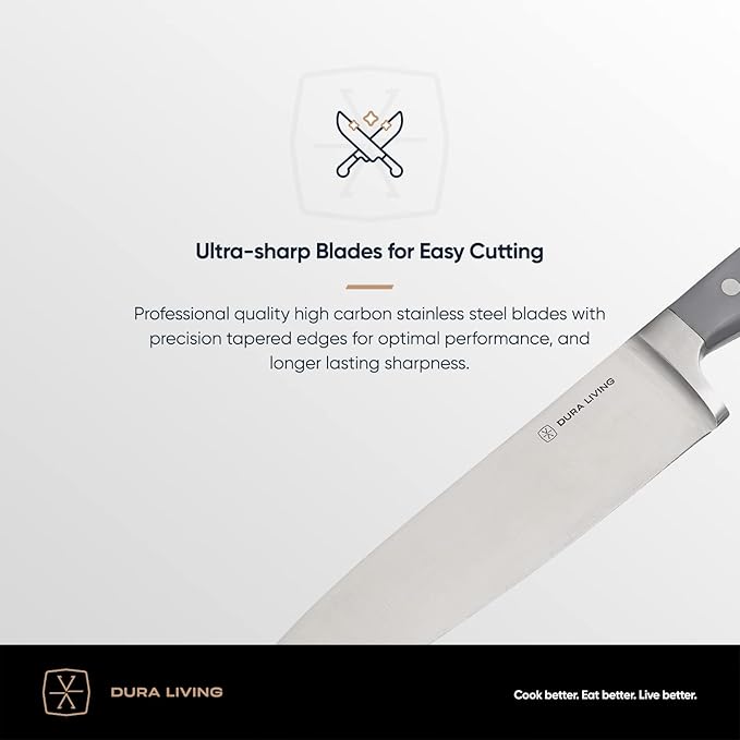 DURA LIVING 3-Piece Kitchen Knife Set – Ultra-Sharp Forged High Carbon Stainless Steel, Includes 8" Chef, 5" Utility, 3.5" Paring Knives, Ergonomic Handles, Professional Starter Set, Gray