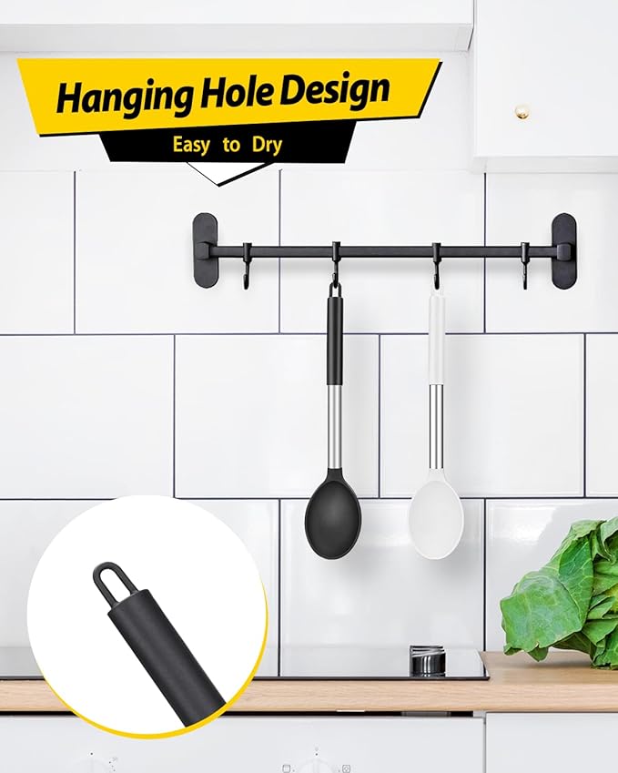 Pack of 2 Large Silicone Cooking Spoon Non Stick Solid Basting Spoons Heat-Resistant Kitchen Utensils for Mixing Serving (Black-White)