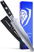 Dalstrong Dual Chef Knife - 8 inch - Gladiator Series Elite - Straight+Serrated Edge - Forged High Carbon Steel Sharp Kitchen Knife - Full Tang Knife Gift- Black G10 Handle - Sheath - NSF Certified
