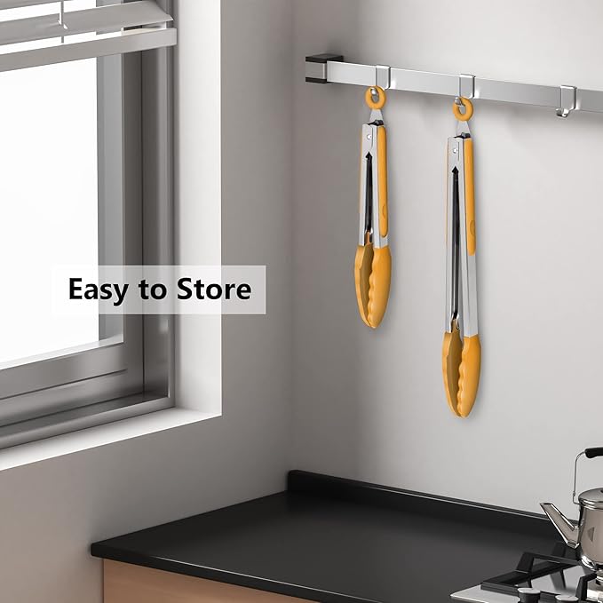 9-Inch & 12-Inch Premium Stainless Steel Food Tongs, Orange Silicone BPA Free Non-Stick BBQ Cooking Grilling Locking Kitchen Tong