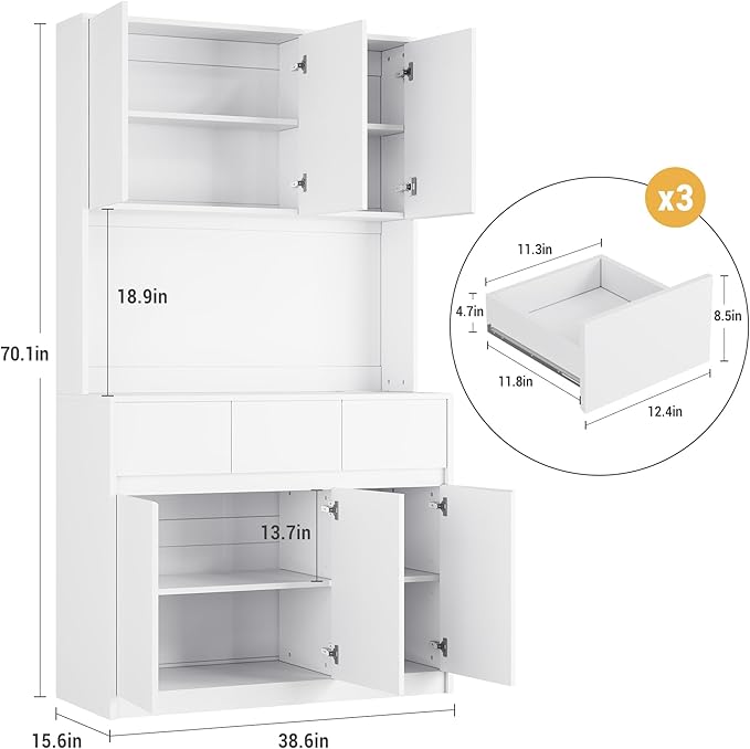 Garvee Kitchen Pantry Cabinet,71 in Tall Storage Cabinet with Doors&Shelves Adjustable, Kitchen Storage Hutch with Microwave Shelf, Led Lights&Charging Station,Corner Pantry Cabinet