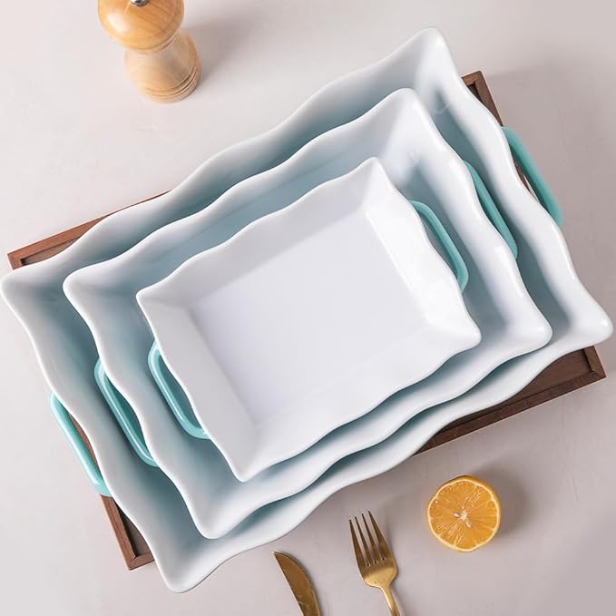 Sweejar Casserole Dishes for Oven, Ceramic Bakeware Set of 3, Rectangular Baking dish with Handles, Wave Edge Lasagna Pan Deep for Cooking, Cake, Dinner, Banquet and Daily Use (Turquoise)