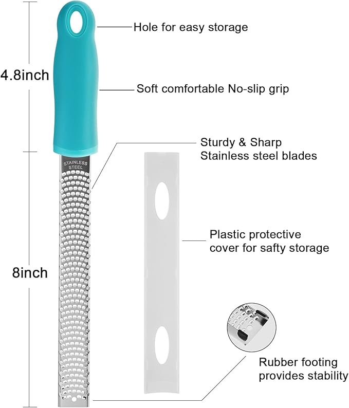 Lemon Zester, Stainless Steel Kitchen Cheese Grater, Plastic Cover Ergonomic Soft Blue Handle