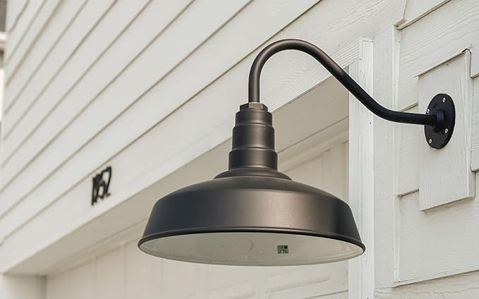 Steel Lighting Co. Gardena Barn Light | Outdoor Wall Mounted | 16" Dome | 11" Gooseneck | Farmhouse Light Made in America | Gray Blue Exterior/Brass Interior