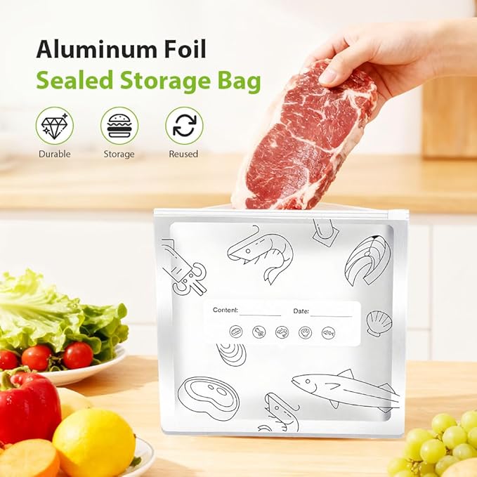 Reusable Aluminum Foil Sealable Storage Bags, 2026 New Resealable Vacuum Zipper Pouches, Stand Up Foil Sealable Bags with Label and Zip Lock for Kitchen (30, Medium)