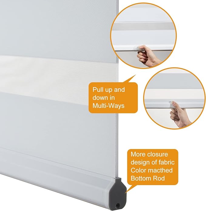 Persilux Zebra Blinds Cordless, Zebra Roller Shades for Windows (48" W x 72" H, White) Light Filtering Day and Night Window Drapes Sheer Shades for Home, Bedroom and Sliding Door Easy to Install