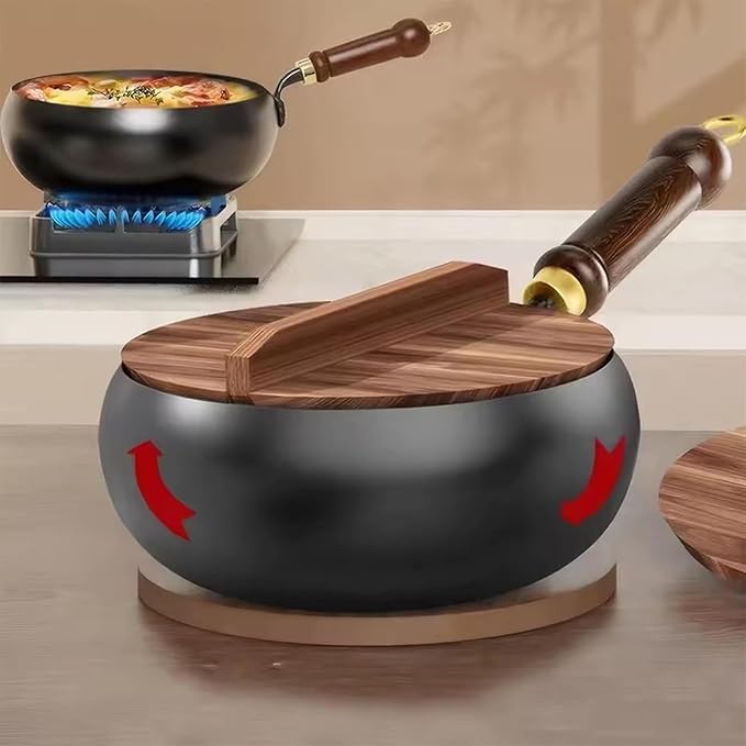 Jinswhdre Cast Iron Skillet, 9.5/11in Jinswhdre Japanese Irons Pan, Hand Forged Uncoated Iron Pan with Lid Spatula, Non-stick Wok for Cooker Gas Stir Fry Pans Durable and Rust-Free (Glass Lid,11in)