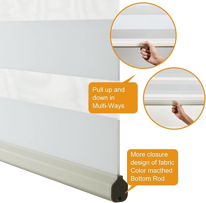 Persilux Zebra Blinds Cordless, Zebra Roller Shades for Windows (34.5" W x 64" H, Cream) Light Filtering Day and Night Window Drapes Sheer Shades for Home, Bedroom and Sliding Door Easy to Install