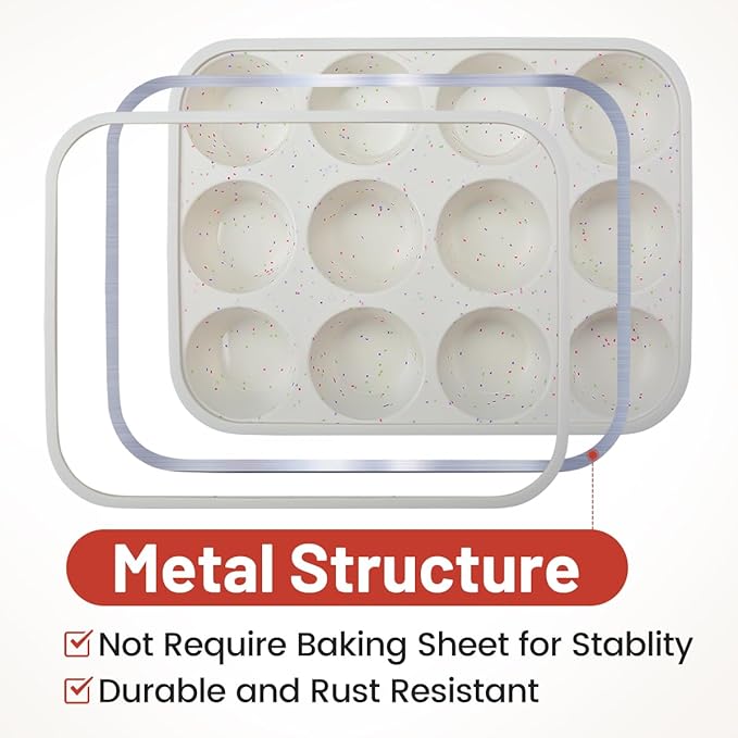 Silicone Muffin Pan, Metal Reinforced Frame Cupcake Pan 12 Cups Regular Size Easy to Move in or Out of Oven Non-Stick (1)