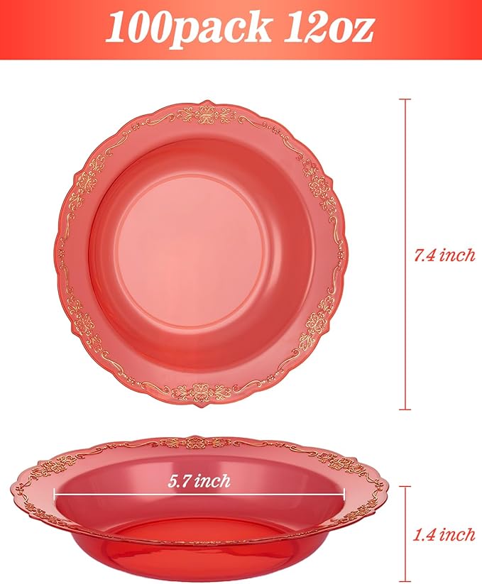 100 Pack Clear Red Plastic Bowls with Gold Rim, 12oz Plastic Salad Bowl, Disposable Bowls for Party, Dinners, Weddings, Christmas, Thanksgiving