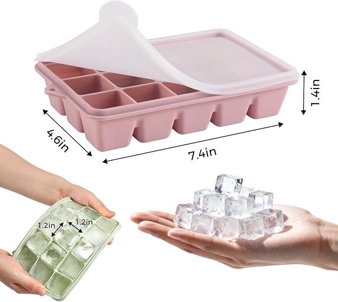 Silicone Ice Cube Trays with Lid, Set of 4, Easy Release Ice Molds, Reusable and Stackable Ice Trays for Freezer for Cocktail, Whiskey, Baby Food, BPA Free (green)
