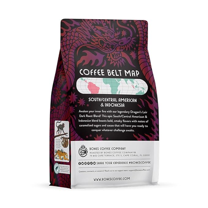 Bones Coffee Company Dragon's Lair, Smokey, Cacao and Caramelized Sugar Notes, Unflavored Coffee, Medium Roast Low Acid Arabica Beans Compatible with Auto drip and French Press Coffee Maker, 12 Oz Ground