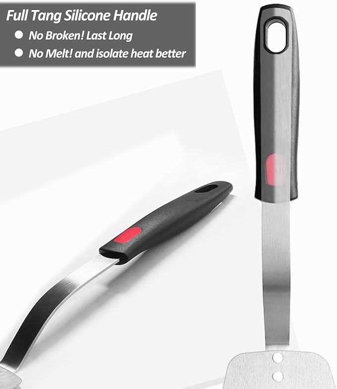 Stainless Steel Flexible Spatula Turner, VOVOLY Thin Metal Spatula for Cast Iron Skillet, Thin Blade and Heat Resistant Silicone Handle, Great for Egg, Cookie, Meat, Crep, Large