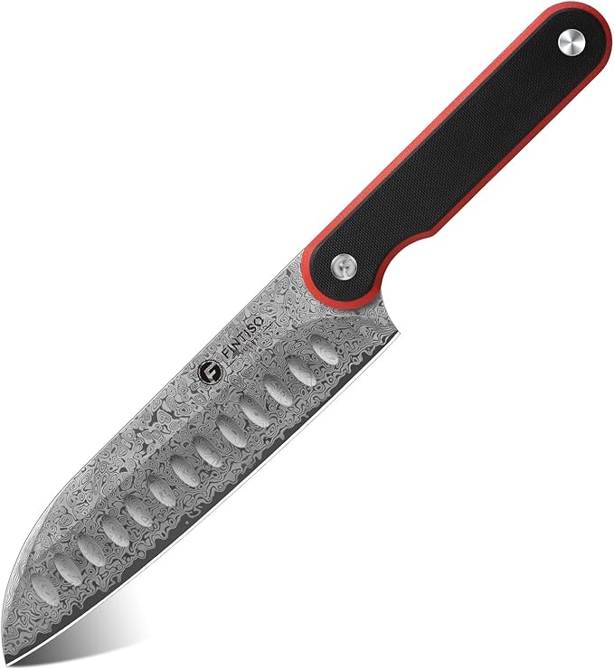 FINTISO Chef Knife 7 Inch Kitchen Knife, Sharp Santoku Knife 67-Layer Damascus Steel with 10Cr15CoMoV Steel Core, Professional Cooking Knife with Ergonomic Full Tang G10 Handle for Chopping Slicing