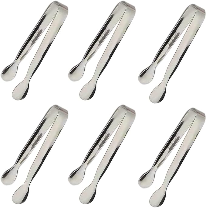 6PCS Ice Tongs Mini Sugar Tongs 4.25Inch Stainless Steel Small Serving Tong, Tiny Kitchen Tong for Appetizers,Tea Party, Coffee Bar, Desserts by Sunenlyst (Silver)