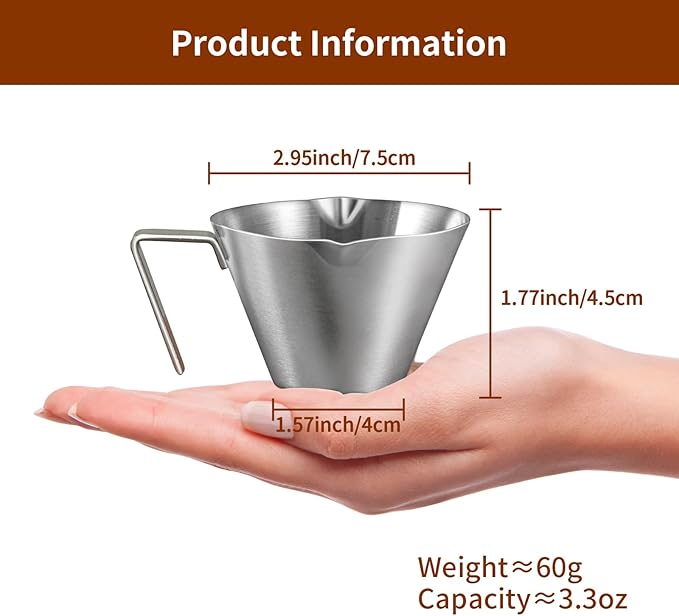 2 Pcs Stainless Steel Espresso Cups with Handle, Double Spout Metal Measuring Cup with Dual Scale, Espresso Shot Cup with V-Shaped Mouth, 3.4oz/100ml (Black)