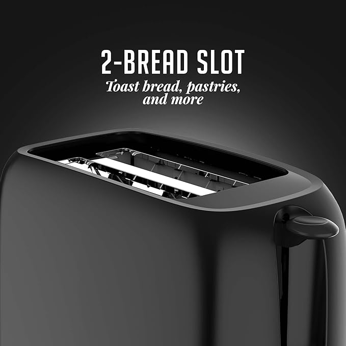 OVENTE Electric 2 Slice Toaster Machine with 6-Shade Browning Selector Setting, Compact Design and Removable Crumb Tray, 700W Power Perfect for Toasting Bread, Thin Bagels and Waffles, Black TP2210B