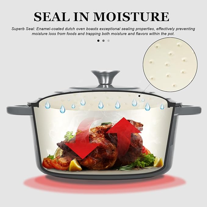 Overmont Enameled Cast Iron Dutch Oven - 5.5QT Pot with Lid Cookbook & Cotton Potholders - Heavy-Duty Cookware for Braising, Stews, Roasting, Bread Baking grey