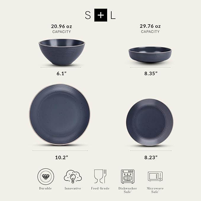 Stone Lain Lauren Stoneware, Rustic Plates and Bowls Set, Dinnerware, Service for 8, Speckled Charcoal, Dishwasher & Microwave Safe, 32-Piece