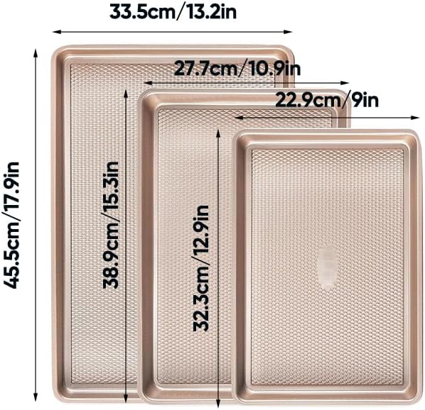 SAKER 3 Pack Nonstick Baking Sheet Set, Carbon Steel Cookie Pan with Cooling Rack, Even Heat Distribution & Warp-Resistant for Oven Baking, Roasting & Cooking (Champagne Gold)