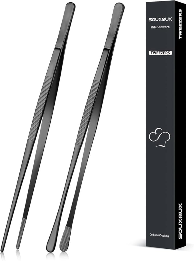 2 Pcs 10-inch Cooking Tweezers Tongs Precision Serrated Tips, Stainless Steel Professional Chef Tweezer Kitchen Tools for BBQ, Plating and Serving (Black)