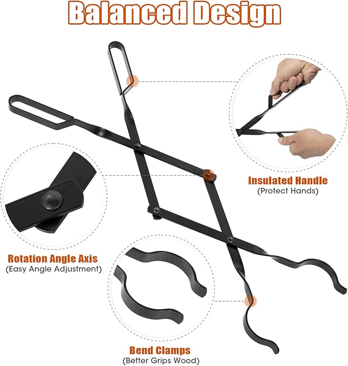 26" Fireplace Fire Pit Tongs & 32" Fire Pit Poker, Fireplace Wood Stove Firewood Tongs, Black Heavy Duty Wrought Iron Log Grabber Fire Pit Tools for Campfire, Fireplace, Bonfires, Indoor&Outdoor Use