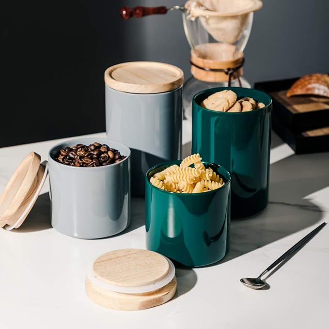 Sweejar Kitchen Canisters Ceramic Food Storage Jar, Stackable Containers with Airtight Seal Wooden Lid for Serving Ground Coffee, Tea, Sugar, Salt and More - 16 Fl Oz (Jade)