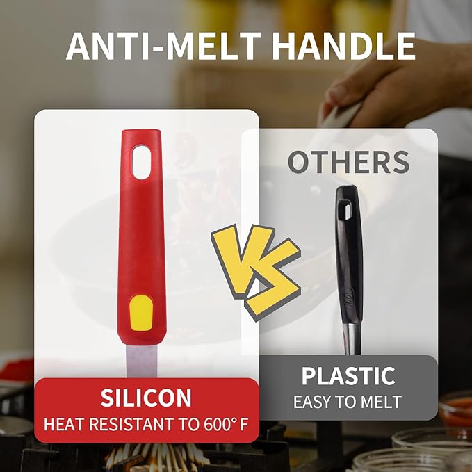 Silicone Spatula Turner Heat Resistant 600°F 3 Piece Set Non Scratch Flexible Slotted and Solid Thin Rubber Spatula Flipper for Cooking Pancake,Egg,Fish,Burger,Steak for Nonstick Cookware,Red