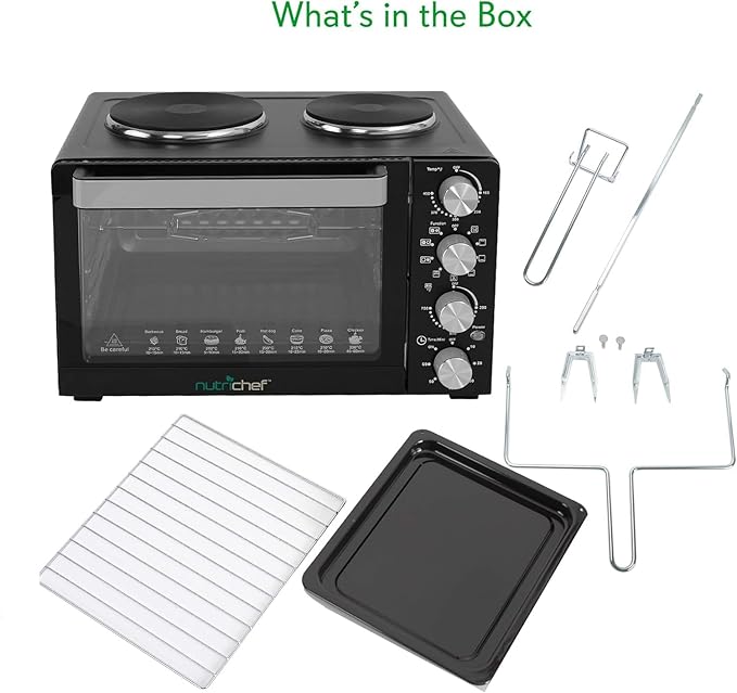NutriChef 30 Quart Kitchen Convection Oven & 2 Burner Cooker - 1500 Watt Oven - 7 Cook Functions Rotisserie, Cook, Bake, Broil & More - Includes Baking Tray, Skewers & Handles - 19.6 x 16.0 x 13.5 IN