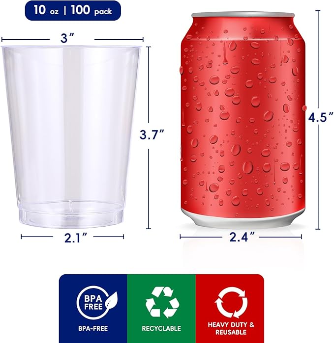 JOLLY CHEF 10 oz Clear Disposable Plastic Cups 100 Pack Clear Plastic Cups Tumblers, Heavy-duty Party Glasses, Disposable Cups for Thanksgiving, Party,Fathers Day