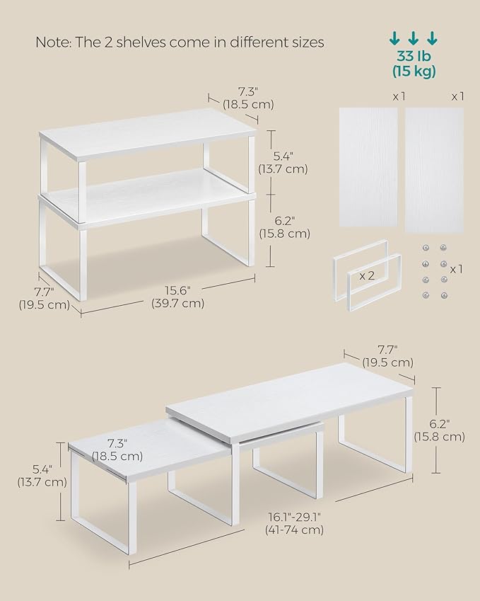 SONGMICS Cabinet Organizer Shelf, Set of 4 Kitchen Counter Shelves, Kitchen Storage, Spice Rack, Stackable, Expandable, Metal and Engineered Wood, Cloud White and Snow White UKCS028W01