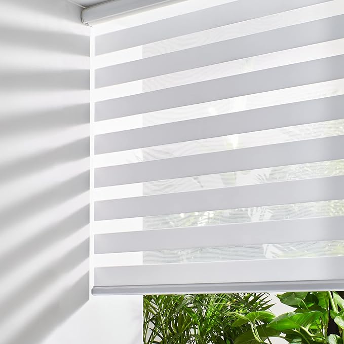 Persilux Cordless Zebra Blinds for Windows (55" W X 64" H, White) Free-Stop Windows Shades Dual Layer Light Control for Day and Night, Light Filtering Sheer Shades for Home, Easy to Install