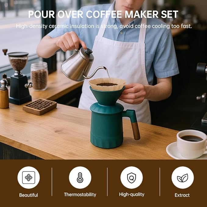 Pour Over Coffee Maker Set, Ceramic Pour Over Coffee Dripper 15.5oz/450 ml with 25 Pcs V60 Paper Filter, Coffee Pour Over Set for Camping, Green