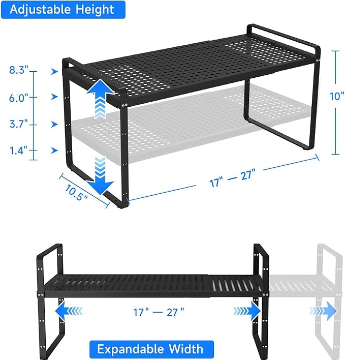 Expandable Cabinet Shelf Organizers, Kitchen Small Stand Rack Organization for Countertop Cupborad Pantry, Black 3 Pack