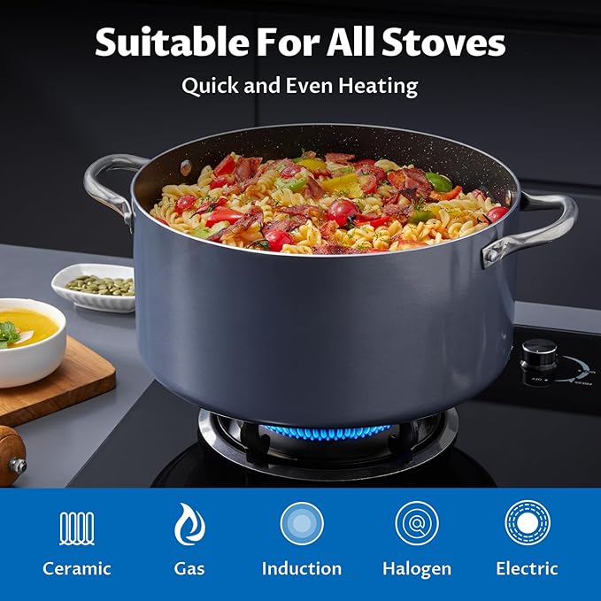 BEZIA 8 Quart Cooking Pot, Large Non Stick Induction Stock Pots with Lid, All Stove Compatible, 8 QT Aluminum Soup/Stew Pot For Families of 3–5, Grey