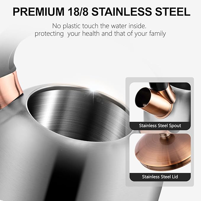 SUSTEAS Tea Kettle - 3.17QT Whistling Kettle with Ergonomic Handle - Premium Stainless Steel Tea Pots for Stove Top, Chic Vintage Teapot with Composite Base, Work for All Stovetops (Silver)