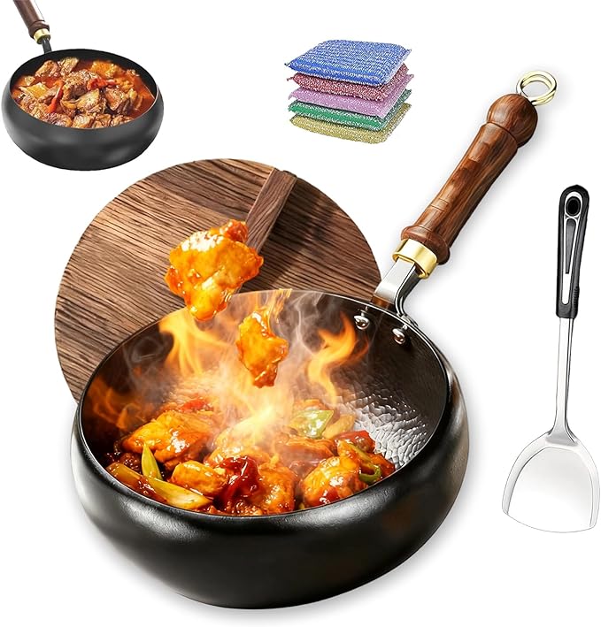 Jinswhdre Cast Iron Skillet, 9.5/11in Jinswhdre Japanese Irons Pan, Hand Forged Uncoated Iron Pan with Lid Spatula, Non-stick Wok for Cooker Gas Stir Fry Pans Durable and Rust-Free (Wooden Lid,11in)
