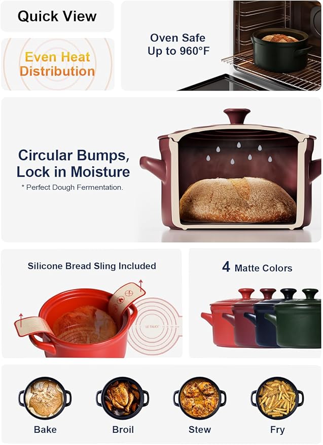 LE TAUCI 3 qt Ceramic Dutch Oven for Bread Baking with Silicone Sling- Lightweight, Non-Toxic, No Seasoning Needed- Oven, Microwave & Dishwasher Safe, Ideal for Home Bakers & Beginners, Midnight Blue