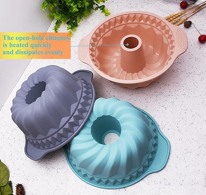 Kenond 2 PCS 9.5 Inch Silicone Cake Pans, Non-stick Fluted Cake Pan with Sturdy Handle, Cake Baking Molds, Perfect Bakeware for Cake, Jello, Gelatin, Bread, Para Gelatinas (Red)