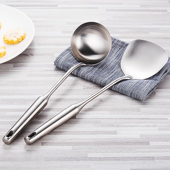 304 Stainless Steel Cooking Utensils Set 4 Piece 15 Inch Large Size Metal Kitchen Utensils Set Including Spatula,Ladle,Serving Spoon,Meat Fork,Stainless Steel Cooking Tools