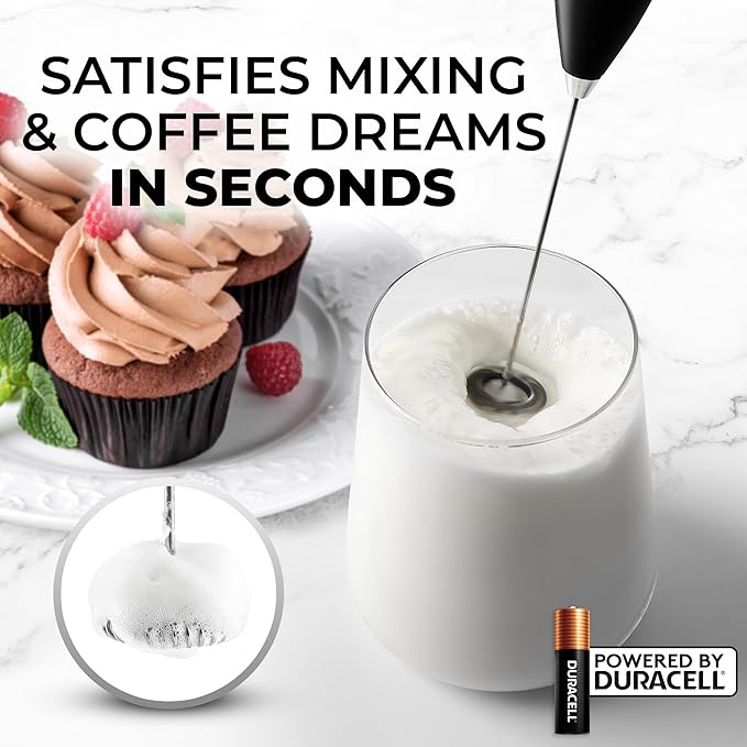 Zulay Kitchen Milk Frother Handheld Electric Whisk with AA Duracell Batteries – Durable Drink Mixer for Coffee, Lattes, Cappuccinos & More - Metallic Black