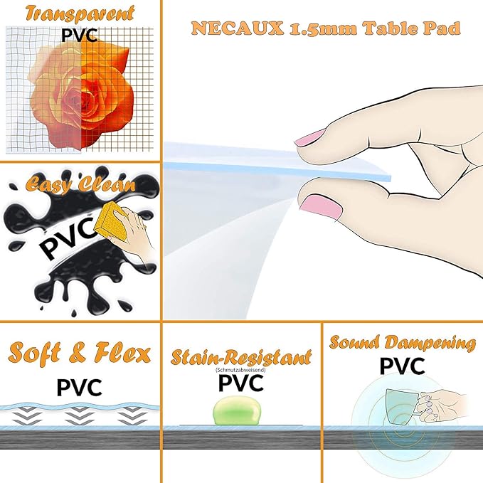 NECAUX Custom Multisize 1.5mm Thick Clear PVC Table Cover Protector - 16 x 60 Inch Rectangular Plastic Table Cover Desk Pad Mat for Office & Computer Desk/Console Table/Media Stand