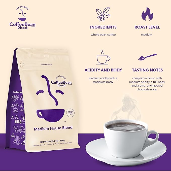 Coffee Bean Direct Medium House Blend, Whole Bean Coffee, Medium Roast, 1 Pound Bag (Pack of 1)